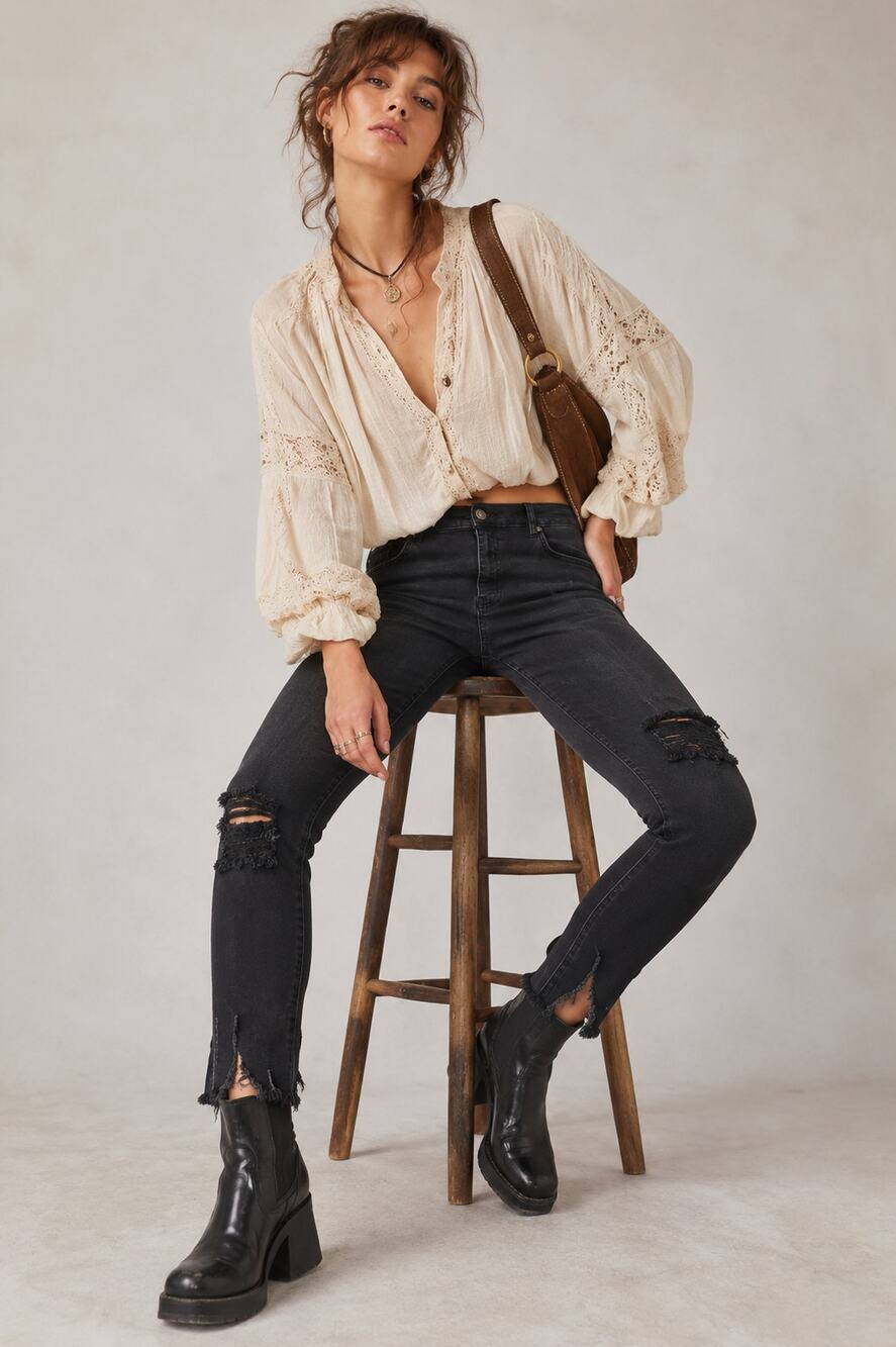 Free People High Rise Washed Black Distressed Skinny Jeans 31 Rockstar Indie Y2K